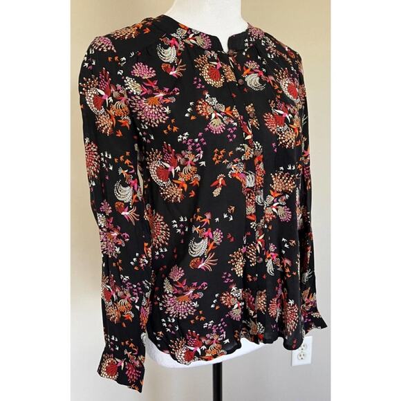 Anthropology Floral Blouse Long Sleeve Button Up Black Bird Print Top - Picture 5 of 10